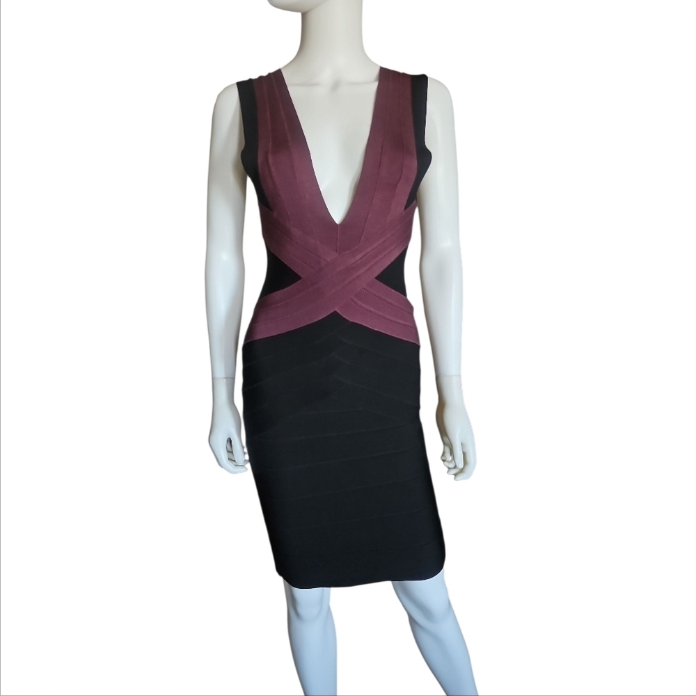 HERVE LEGER | V-Neck Two-Tone Bandage Bodycon Dress Black Burgundy US 2